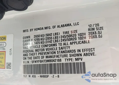 2021 Honda Pilot Awd Black Edition z USA, uszkodzony, nr VIN 5FNYF6H73MB042188